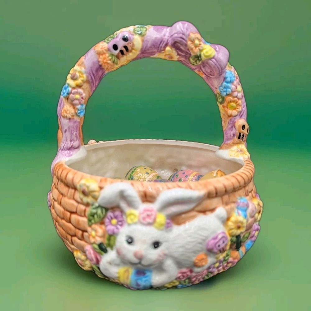Ceramic Easter Bunny Basket Colorful WCL 7" Tall Decorative Figure & Easter Eggs