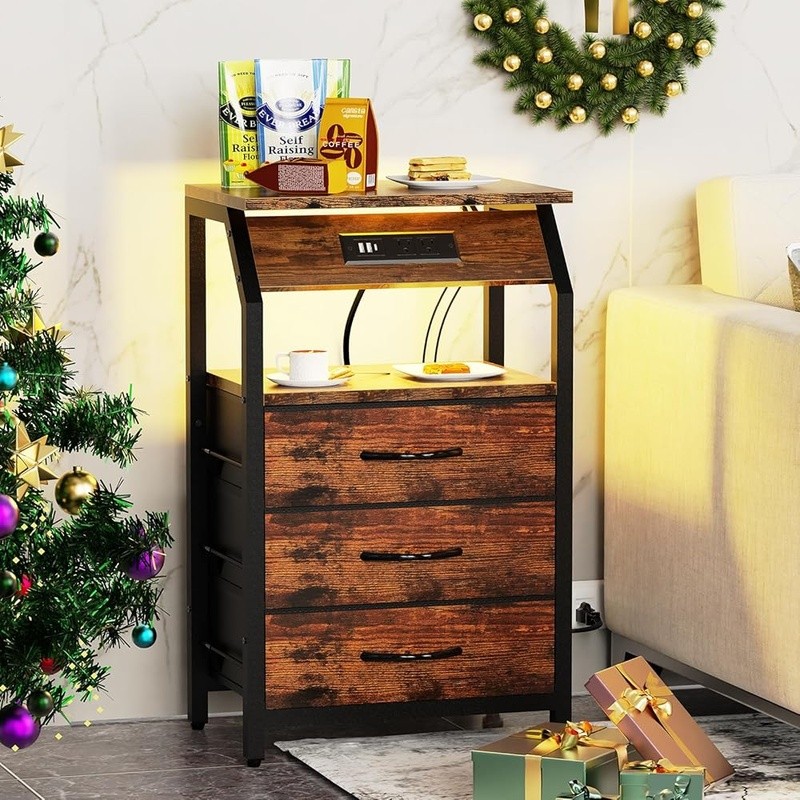 Compact Night Stand W/ USB Ports LED Light Table Bedroom Storage Solution