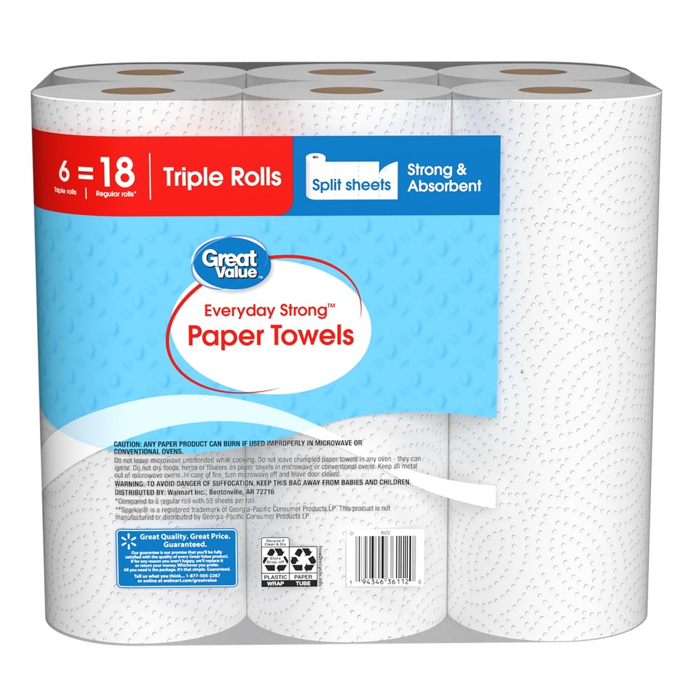 Everyday Strong Paper Towels, 6 Triple Rolls, Split Sheets