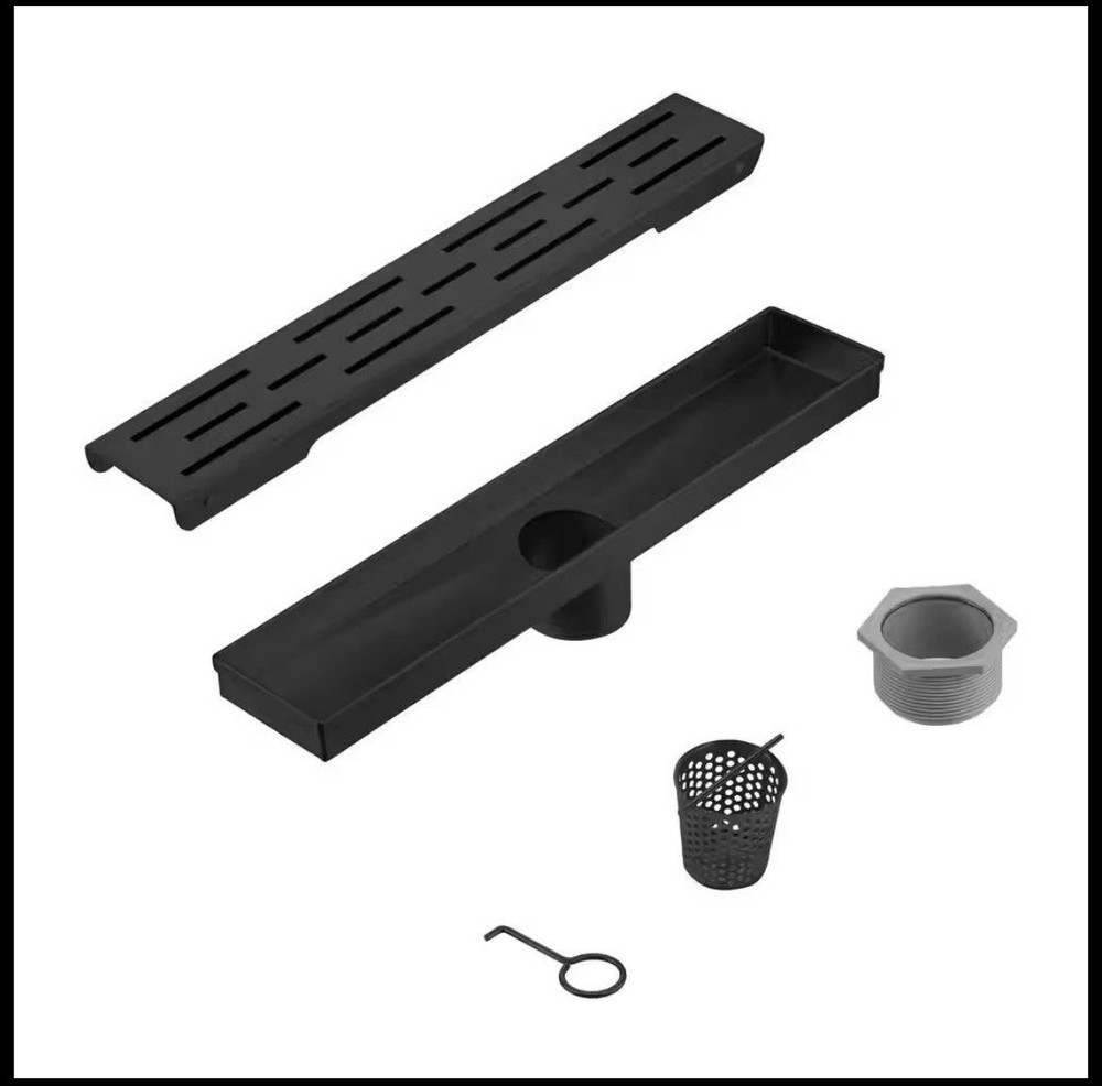 BWE 12 in. BLACK Linear Shower Drain W/ Square Pattern Drain Cover