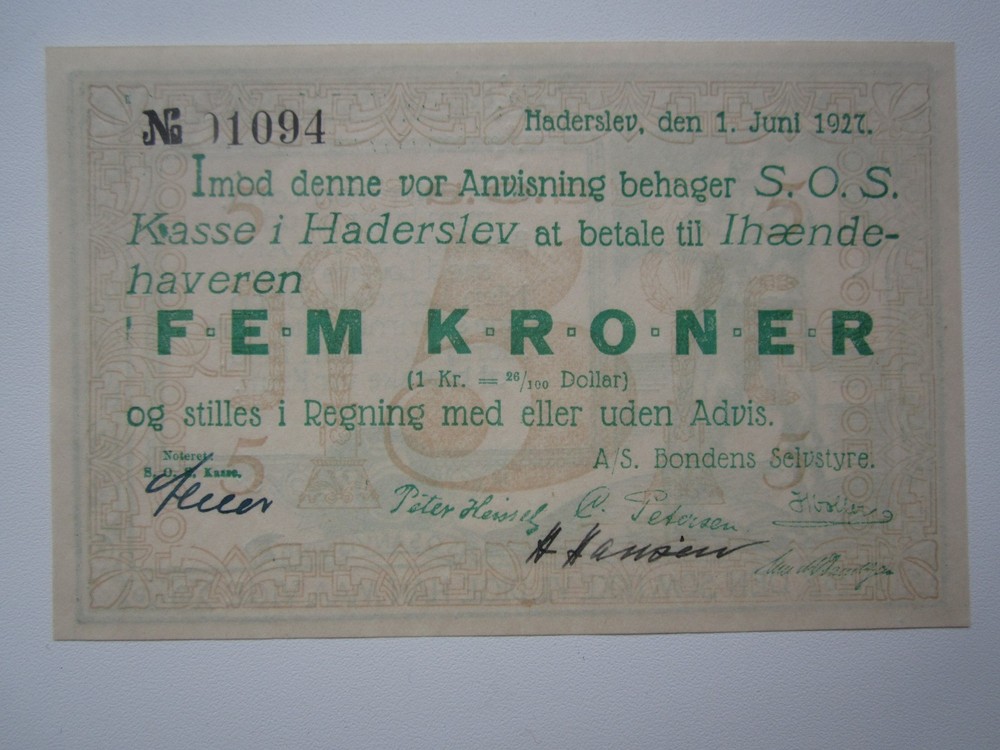 DENMARK HADERSLEV 5 KRONER 1927 UNC