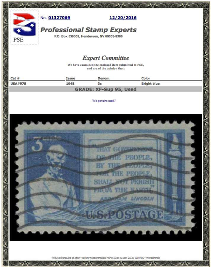 #978 Used, PSE Graded 95, Cert # 01327069
