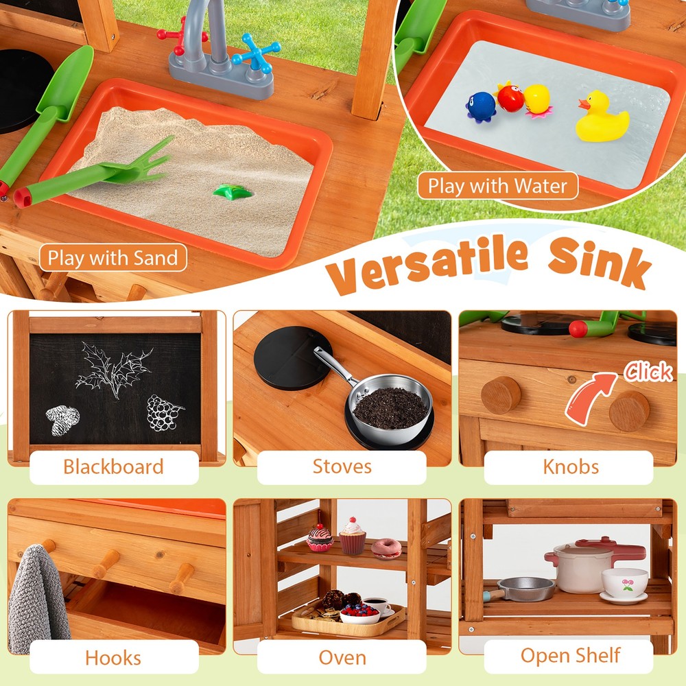 Mud Kitchen Wooden Pretend Play Kitchen w/ Height Adjustable Canopy