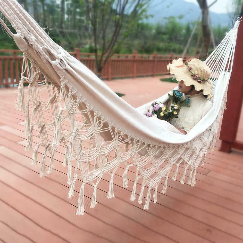 Boho Tassel Nest Hammock Swing Chair Bed Brazilian Macrame Fringed Net 2 Person