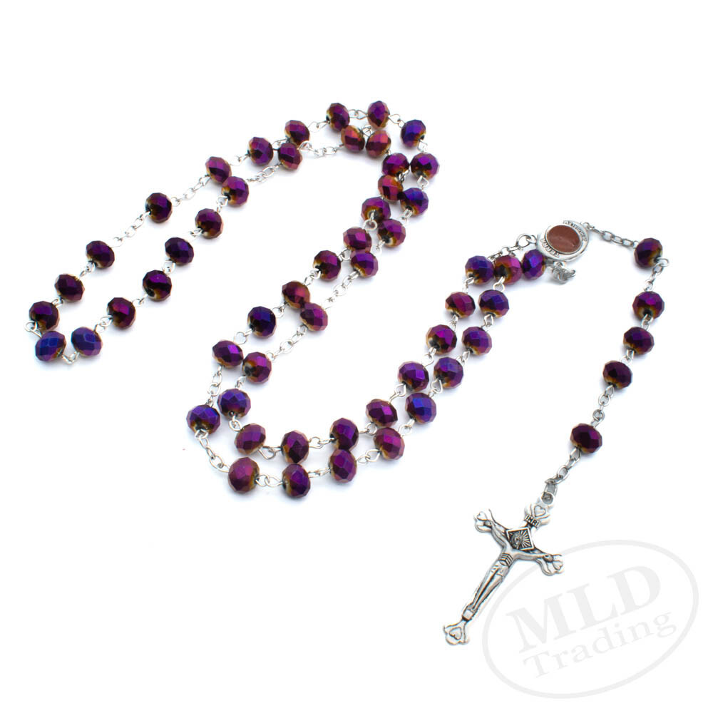 Deep Purple Crystal Beads Rosary Necklace Catholic Holy Center & Cross Crucifix