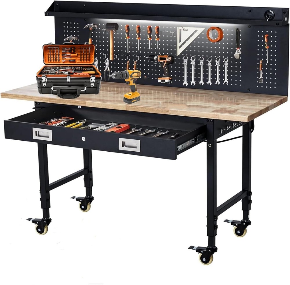 Adjustable Workbench 60''x22''with Power Outlets, Lights, Storage Drawer,Rolling