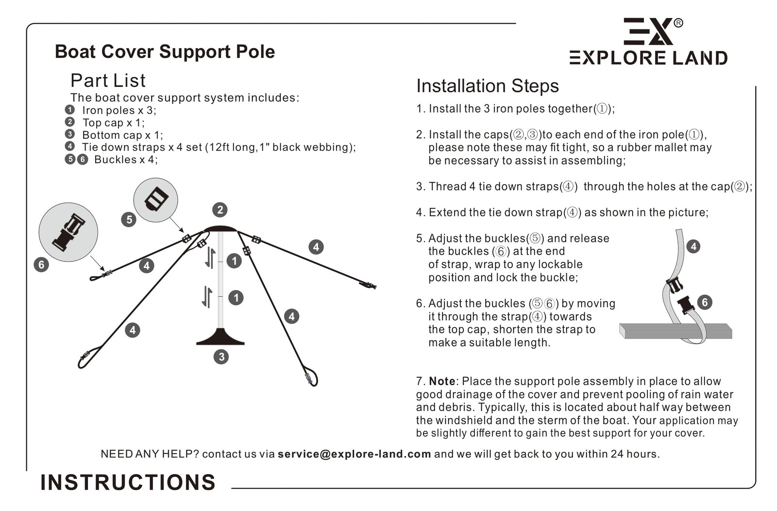 Explore Land Adjustable Boat Cover Support Pole 3 Pieces Pole, Black