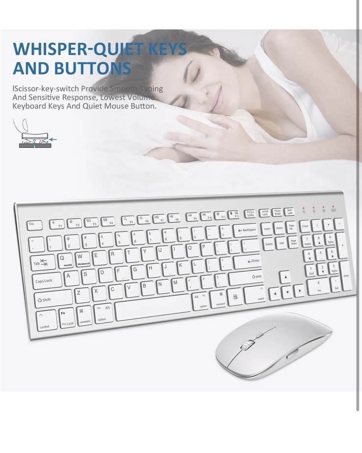 🔥Silver, White Wireless Keyboard, Mouse, Rechargeable Full Size Flat, Thin Set