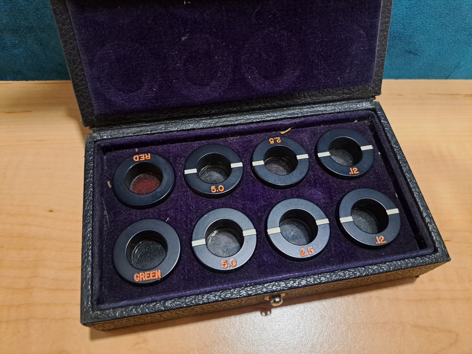 Vintage Bausch & Lomb Optical Filter Set Red Green 5.0 2.5 1.2 in Case