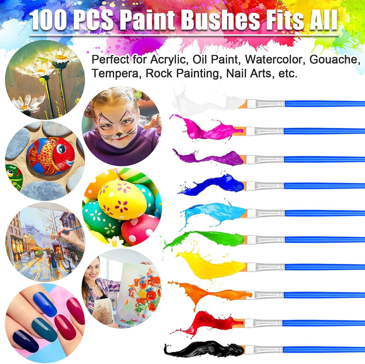 100Pcs Small Paint Brushes Bulk, Flat Top Acrylic Classroom Brush for Kids Mini