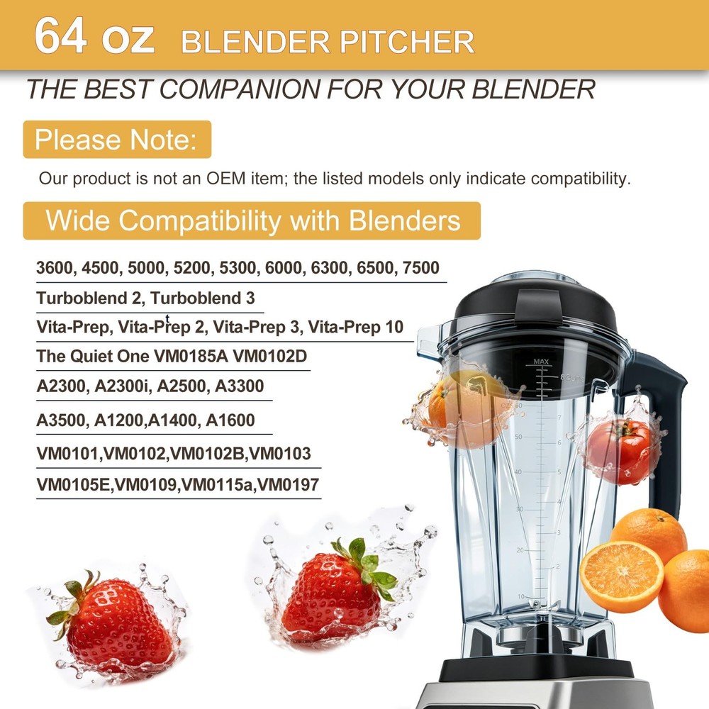 Blender Pitcher 64oz Replacement Container Compatible with Vitamix 5200, 5300...