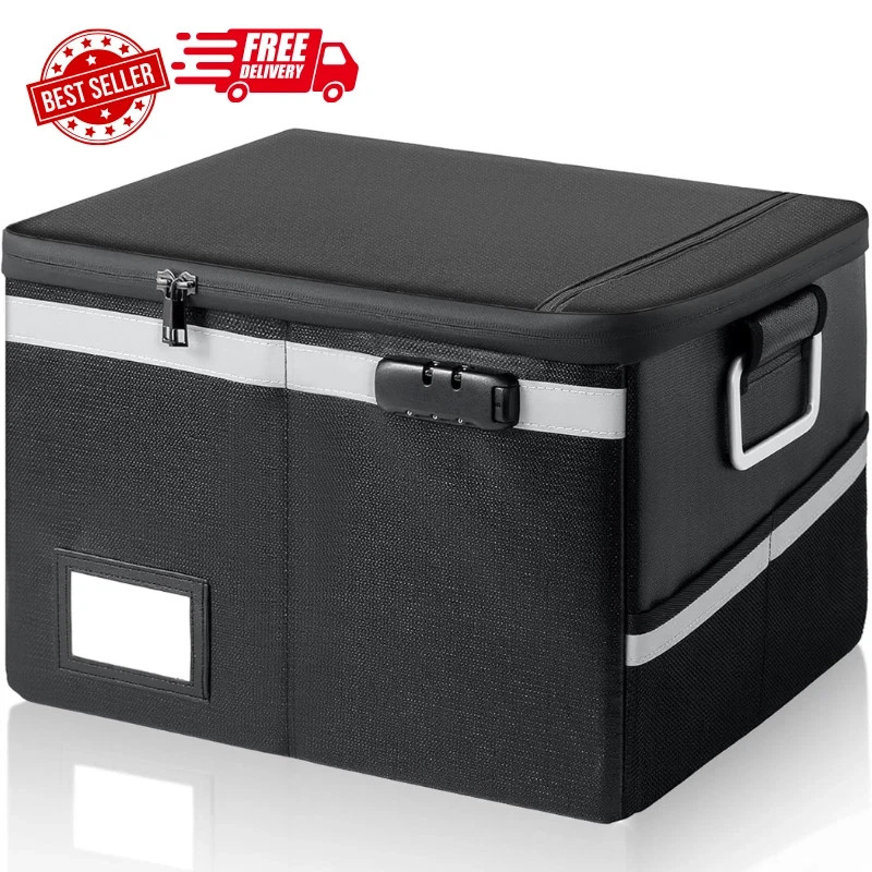 Fireproof Waterproof Document Box with Lock - Portable File Organizer (Black)