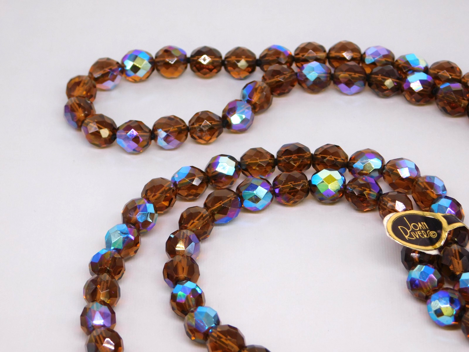 Vintage JOAN RIVERS Lariat Tassel Necklace Brown AB Faceted Beads Flapper NWT