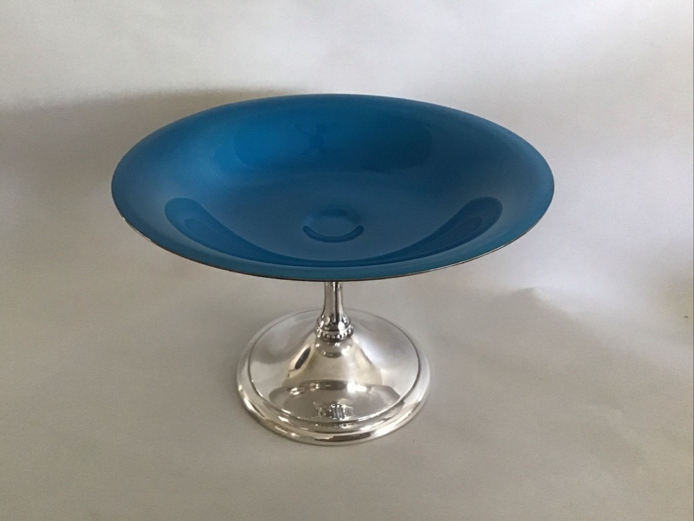 Reed & Barton Peacock Blue Enamel Silver Plate Stem Pedestal Compot Candy Bowl￼