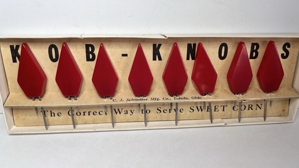 Vintage Schneider Kob Knobs Cherry Red Bakelite Corn Cob Holder Box Set Four