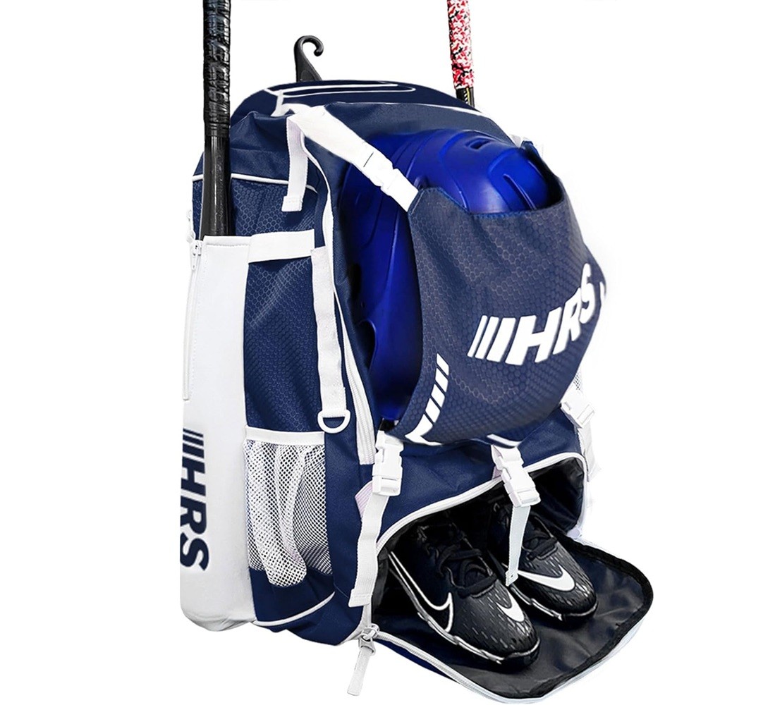 Hit Run Steal Bat Bag Backpack Holds 4 Bats Gloves Helmet and Cleats Navy Blue