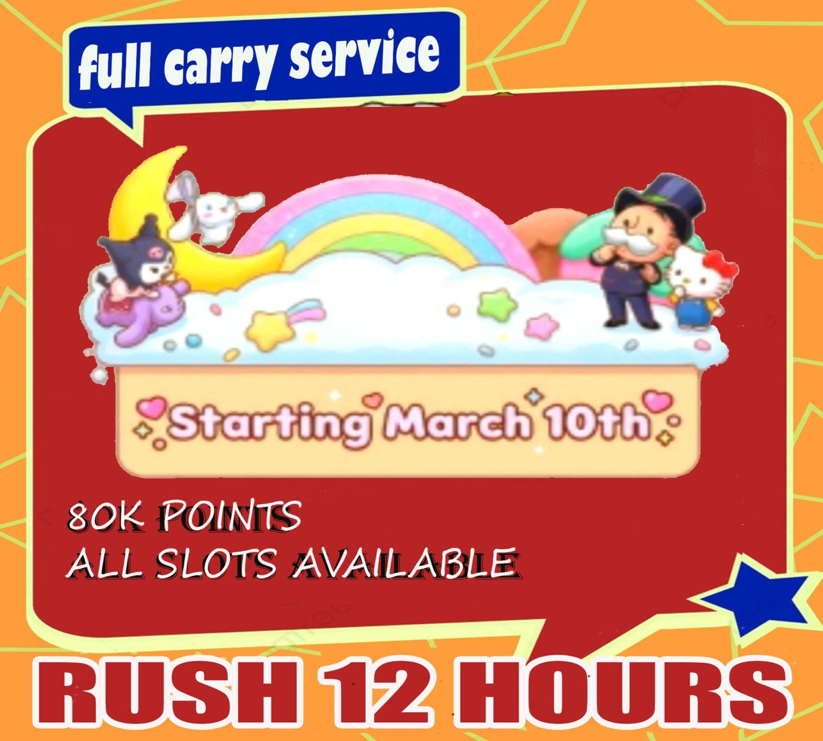 Monopoly Go Partner Events ⭐️1- 12 Hour Full Carry 80k Points ⭐️ 1 SLOT