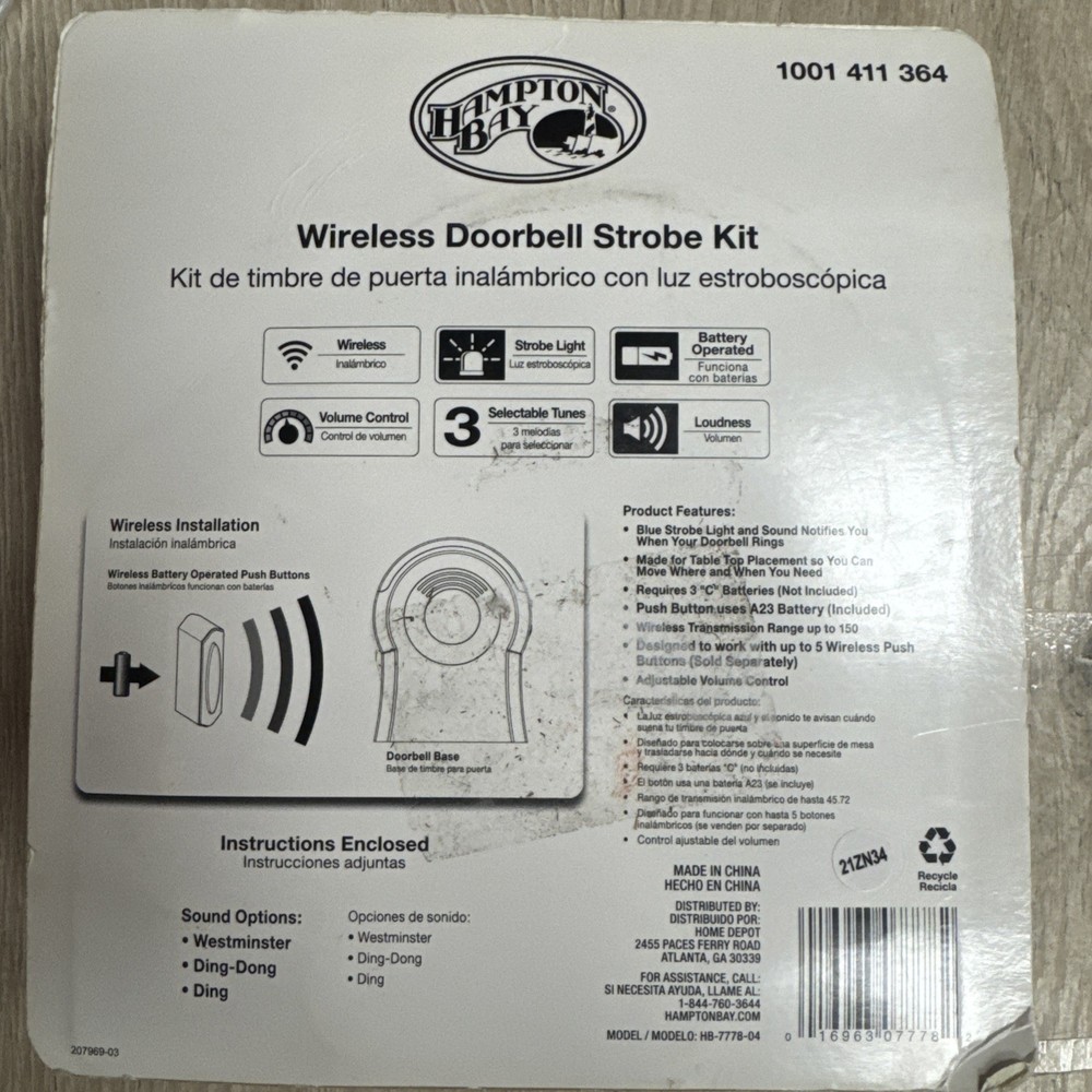 Hampton Bay Wireless Battery Operated Tabletop Doorbell Kit with LED Strobe