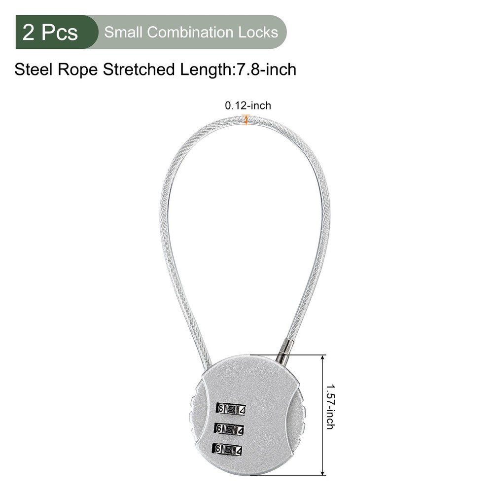 2PCS Small Combination Locks 3 Digit Baggage Padlocks Silver Tone 7.8-Inch