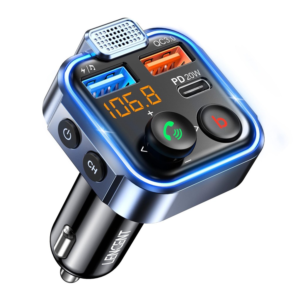 LENCENT FM Transmitter in-Car Adapter, Type-C PD 20W+ Blue-38W, Blue-38W