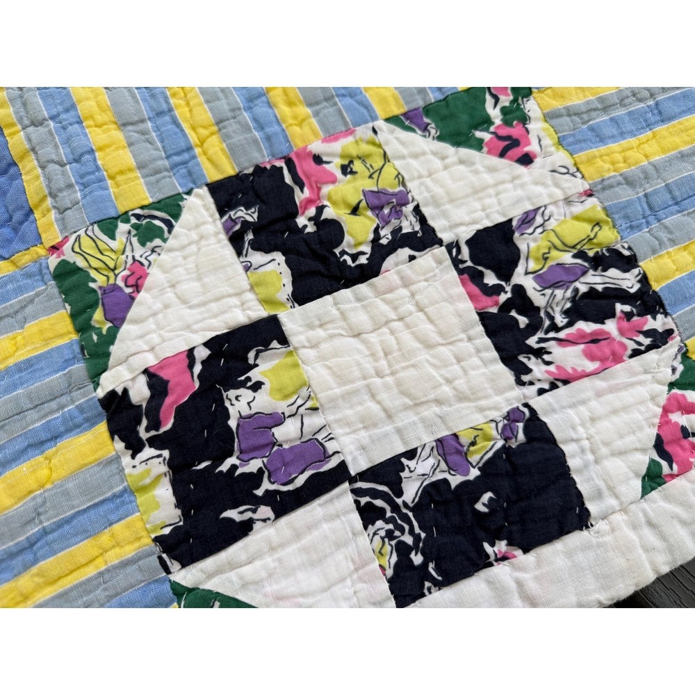 Vintage Hand Quilted Cutter Quilt Piece Nine Patch Variation