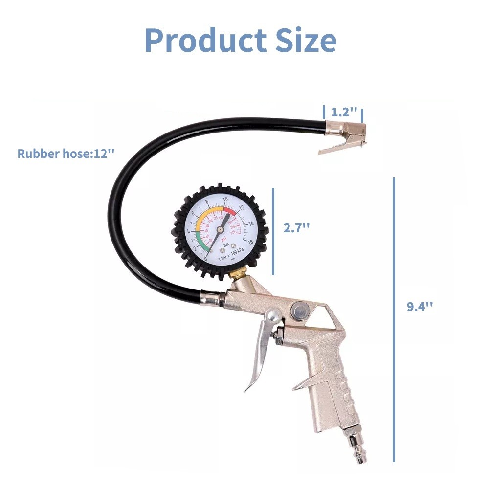 Tire Inflator Gauge Flexible Hose 220 PSI Pistol Style Air Chuck Pneumatic