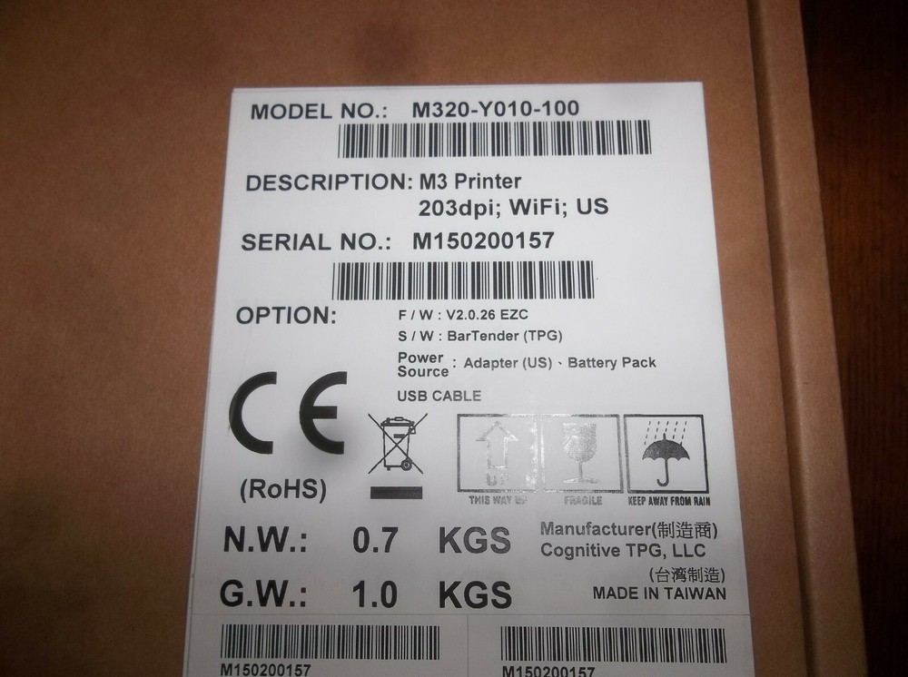 COGNITIVE TPG M3 PRINTER, M320-Y010-100, M320, Mobile Receipt Label Printer Kit