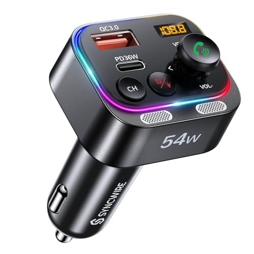 Bluetooth 5.4 FM Transmitter Car Adapter 54W PD Fast Charging, HiFi Bass, Dual M