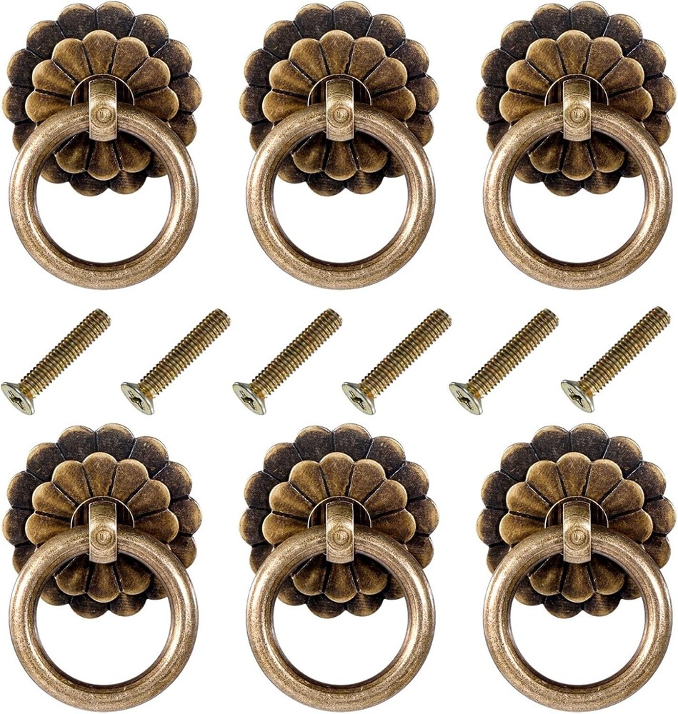 6 Pcs Antique Brass Cabinet Pulls Vintage Drawer Pulls Ring Antique Drawer Pulls