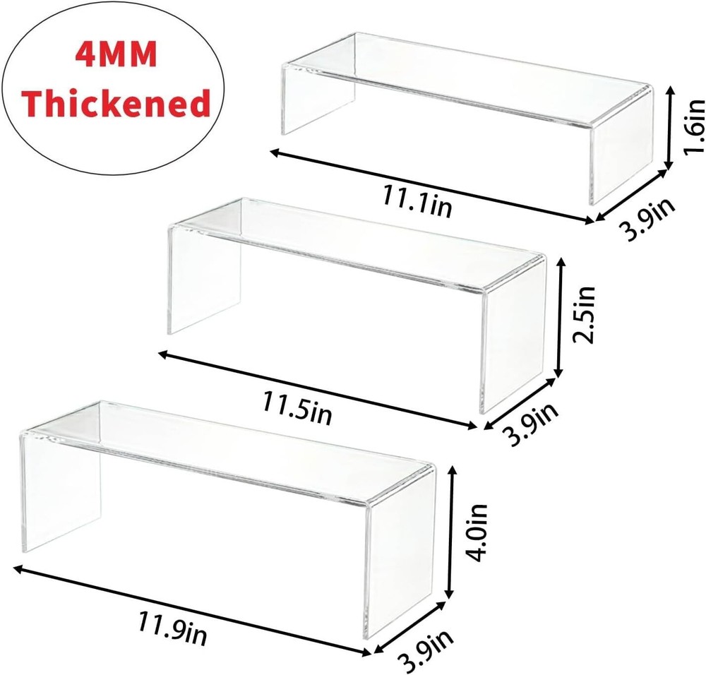 3-Pack Clear Acrylic Display Risers - Rectangular Tiered 11.9 x 3.9 x 4 inches