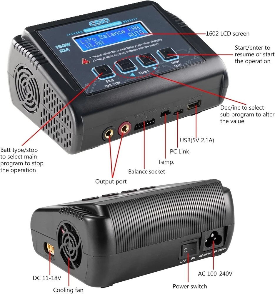 Versatile 150W 10A RC Fast Charger for Multiple Batteries