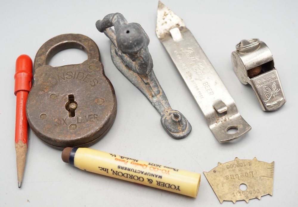 WWII Victory Advertisement Pencil, Ironsides Padlock, Bottle Opener, Whistle Lot