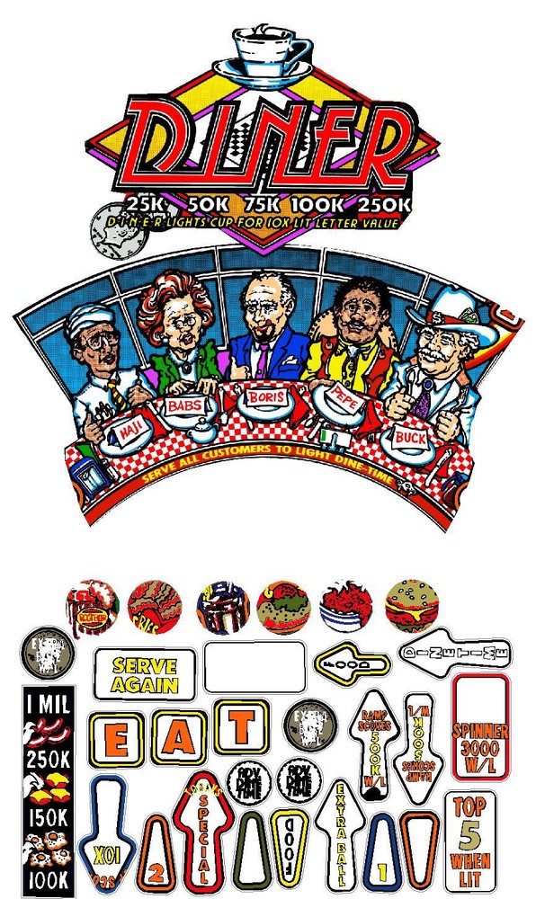 NEW Improved DINER Pinball Machine Insert Decals