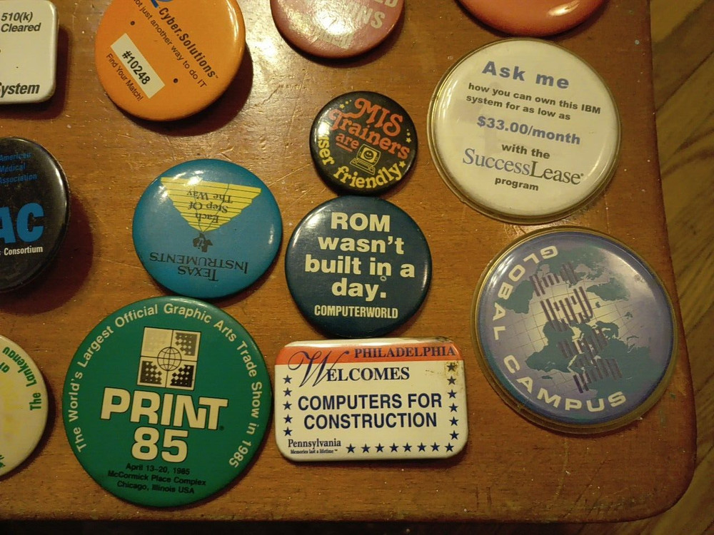 Vintage Early Computer Buttons Pins, Computer Tech Shows Lot