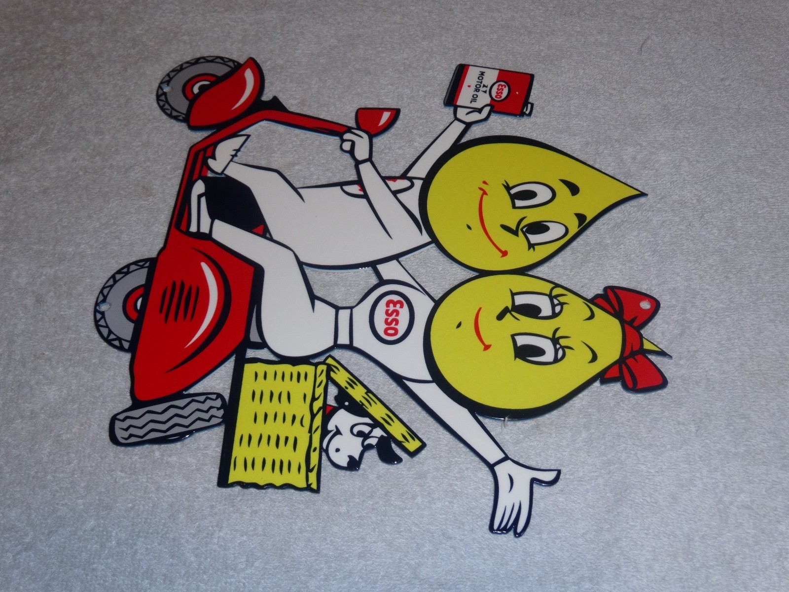 VINTAGE ESSO OIL DROP BOY & GIRL ON VESPA SCOOTER W/ DOG 12" METAL GASOLINE SIGN