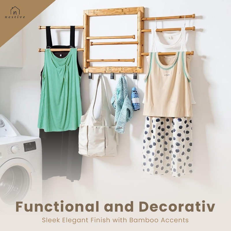 Bamboo Wall Mount Drying Rack for Laundry – Collapsible Foldable Clothes Dryer