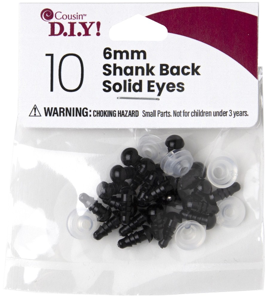 CousinDIY Shank Back Solid Eyes 6mm 10/Pkg-Black - 6 Pack