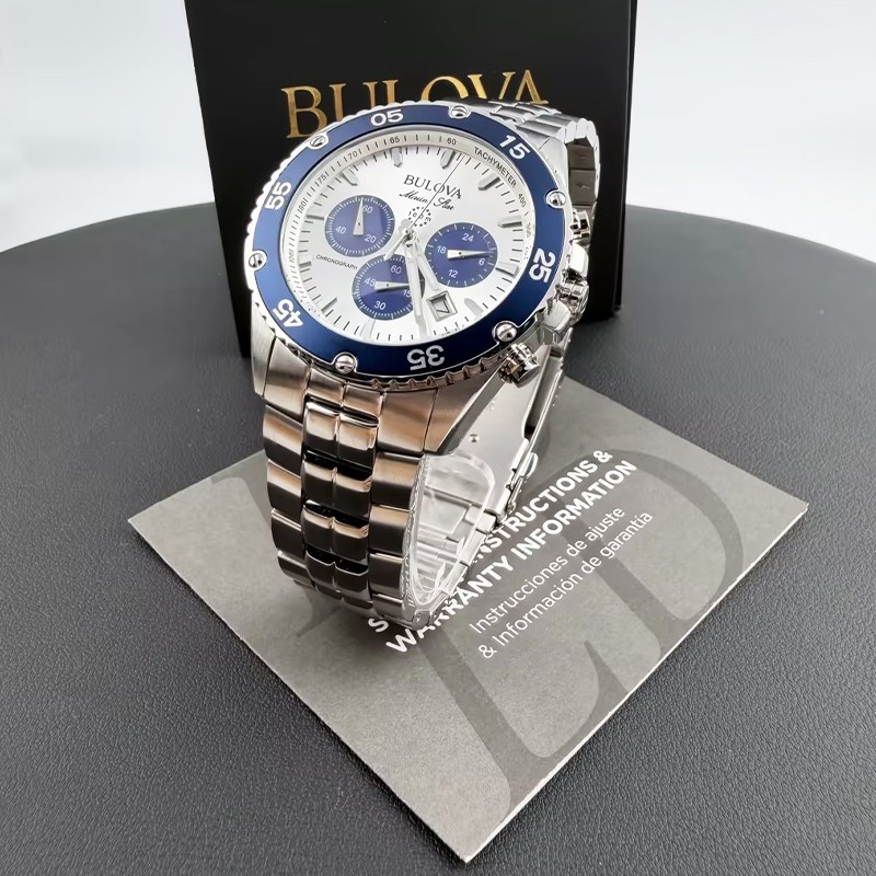 Men Bulova Marine Star White/Blue Dial Chronograph 98B423 Quartz Watch 41.5mm