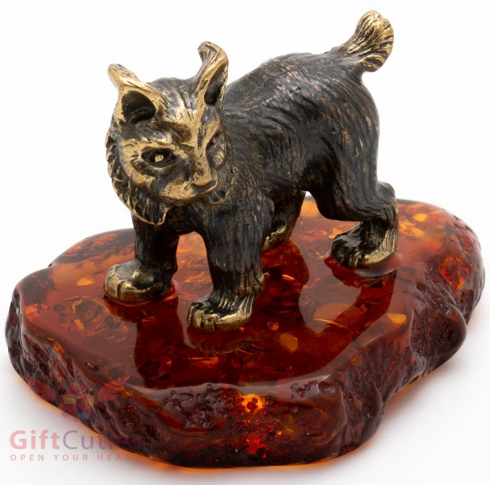 Solid Brass Amber Figurine of the Eurasian lynx IronWork