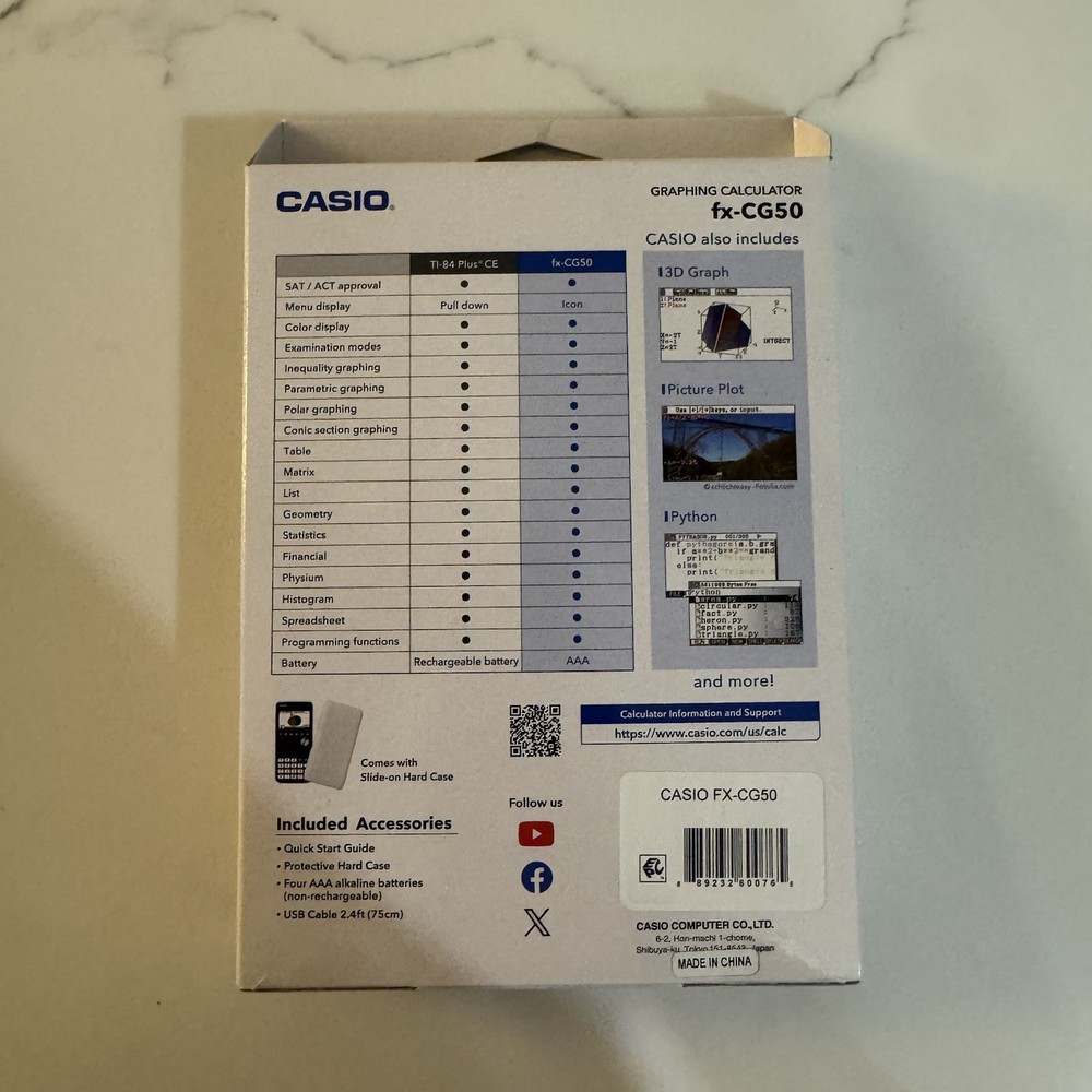 Casio FX-CG50 High-Resolution Python 3D Color Graphing Calculator - Black New