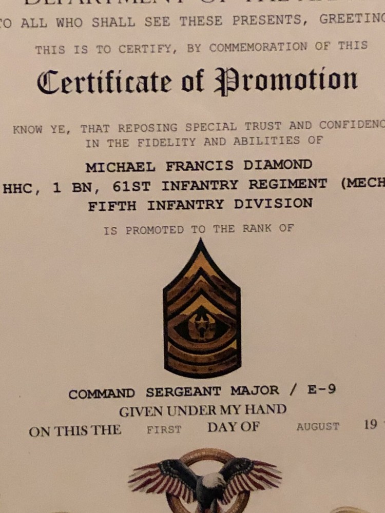 COMMAND SGT MAJOR / CSM (E-9) U.S. Army ~ Commemorative Promotion Certificate