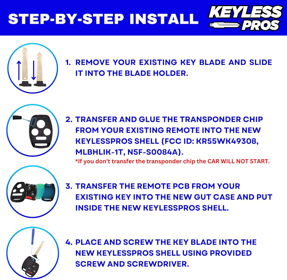 4-Btn Shell Kit & Gut Case, Keyless Entry Remote Key Fob Replacement, Fits 2003-
