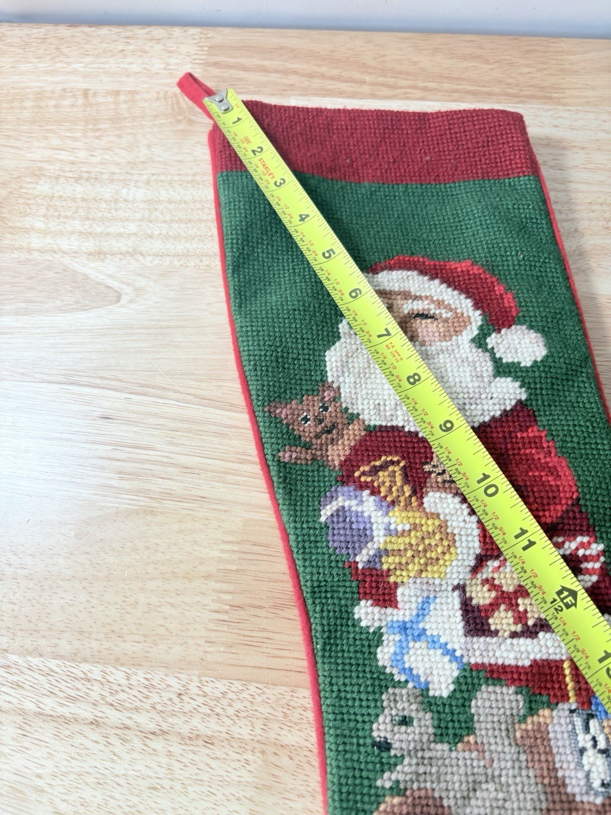 VTG Wool Needlepoint Christmas Stocking Santa Squirrel Bear Presents Felt 22”
