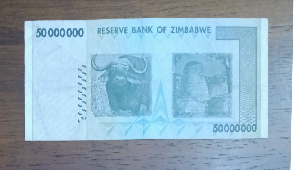 Zimbabwe 2008 $50 million note, from the hyperinflation era