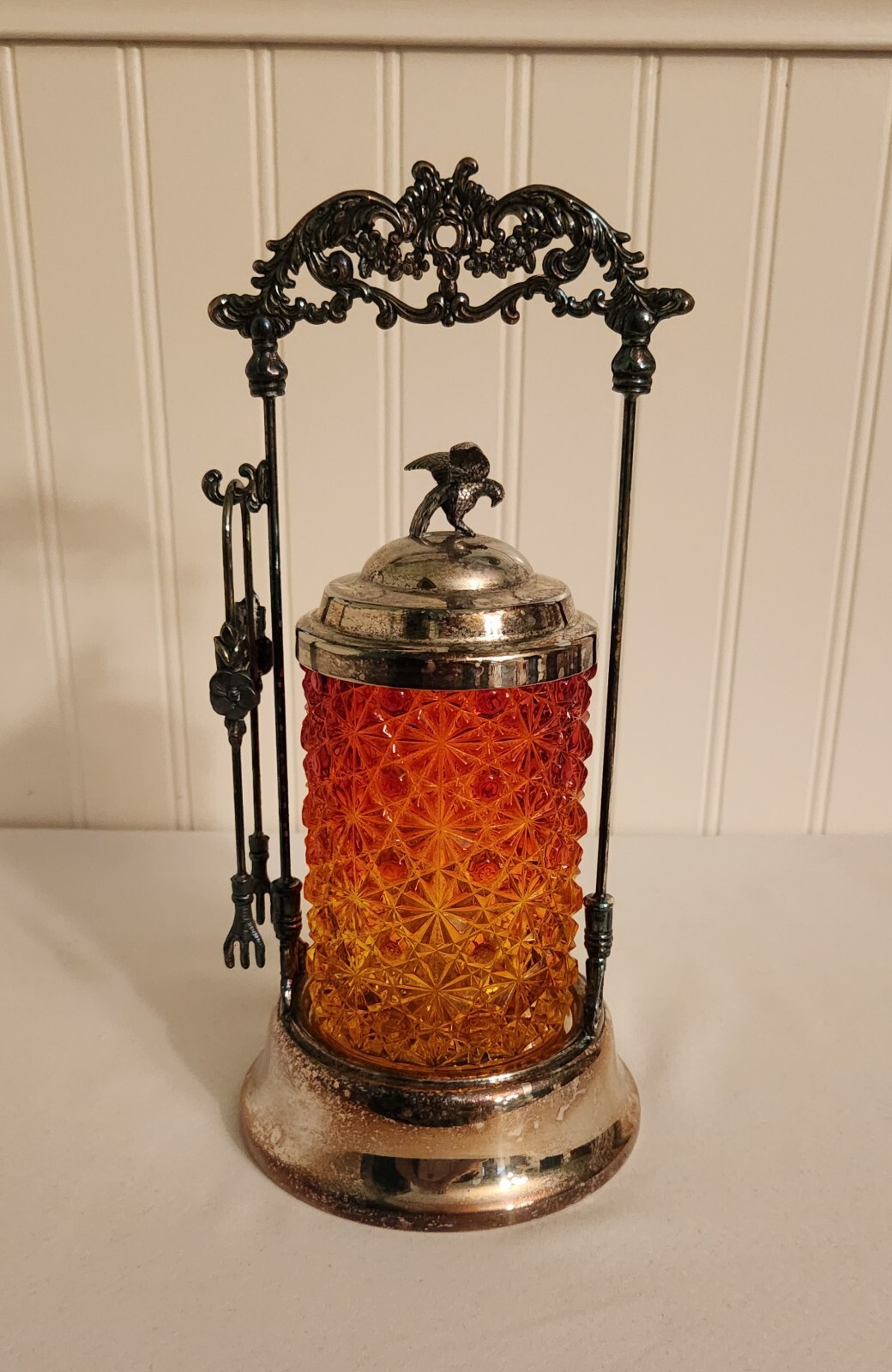 Antique Victorian Amberina Glass Daisy Button Pickle Castor Ornate Eagle Finial