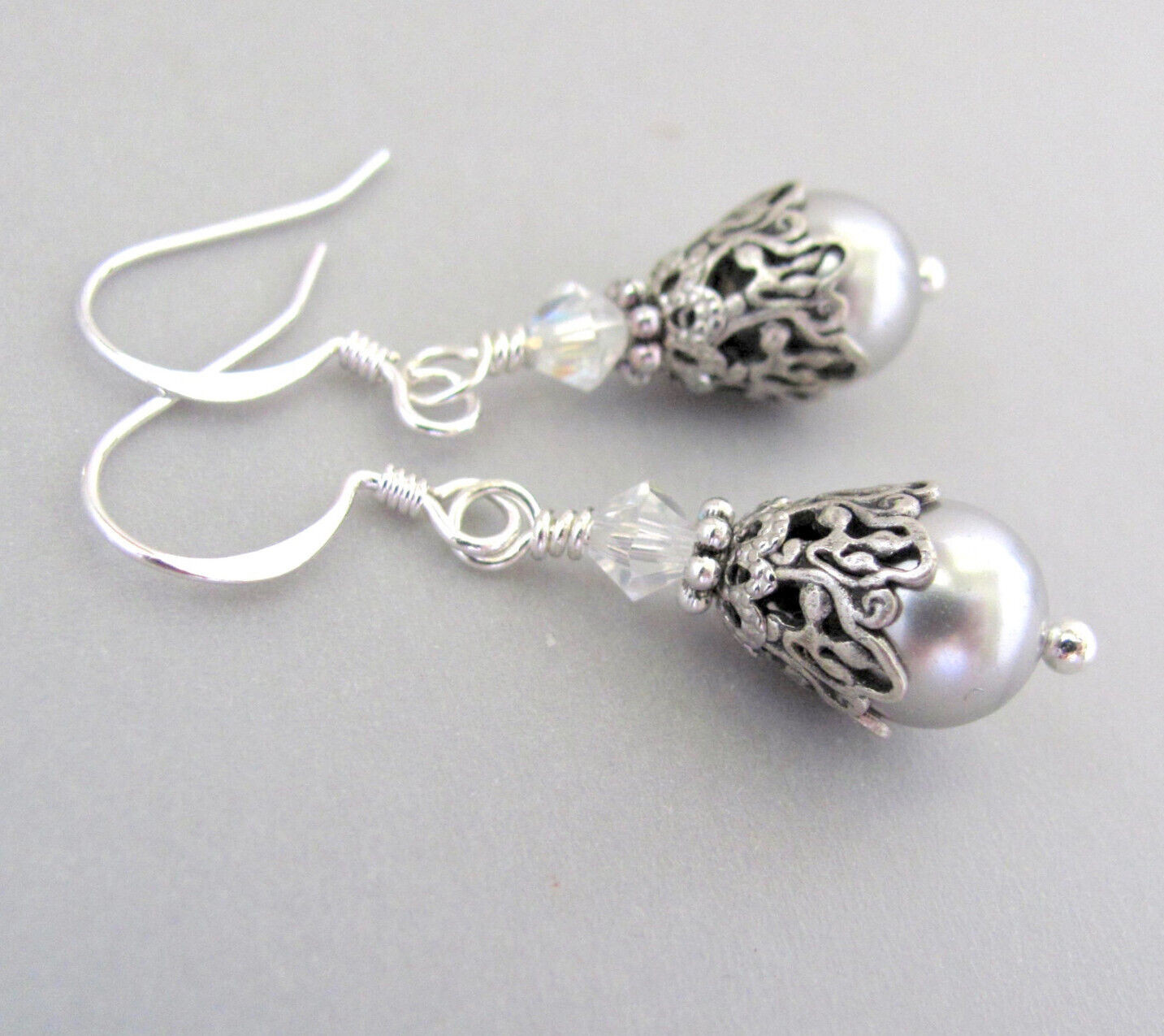 Silver Gray Crystal Pearl Earrings Birthday Wedding Gift Birthday Holiday Party