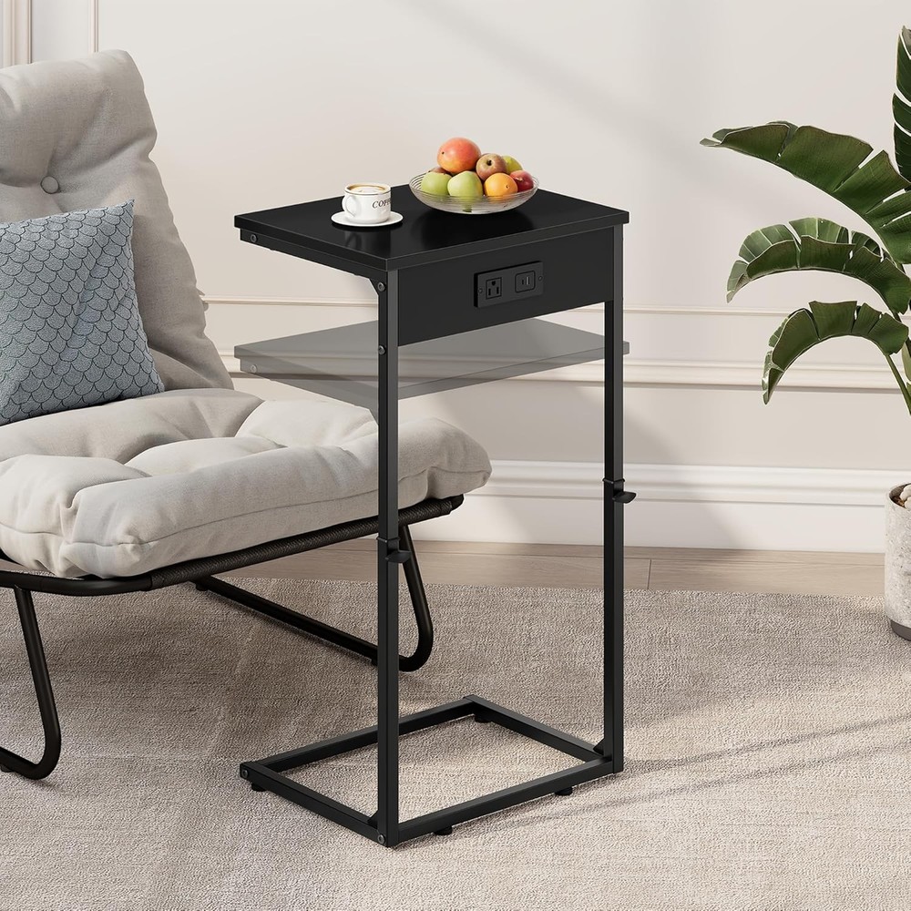 C Shaped End Table W/ Charging Station Adjustable Height Side Table Couch,Small