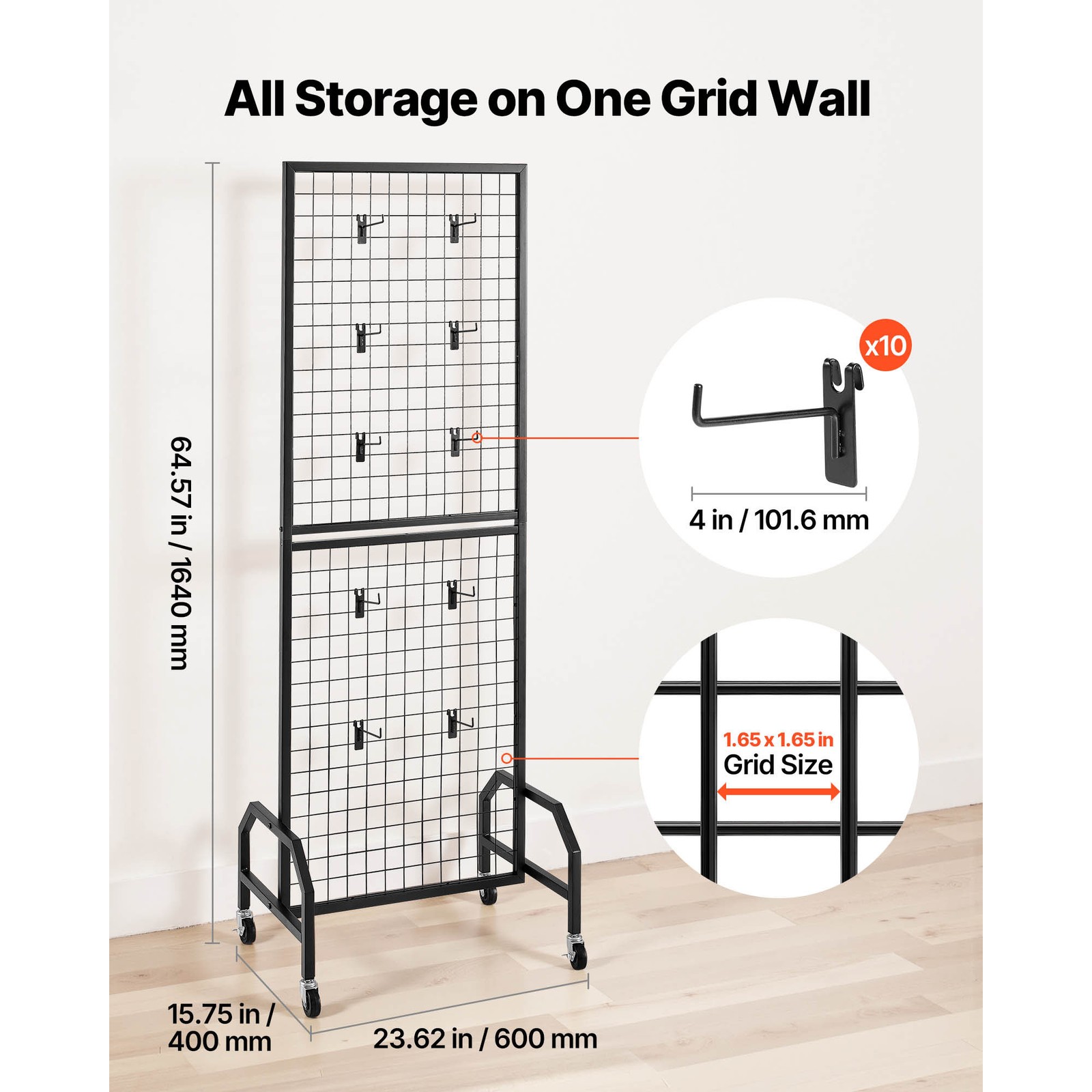 Uimoso Grid Wall Panel 1.9 x 5.4 ft Wire Display Rack with Wheels and 10 Hooks