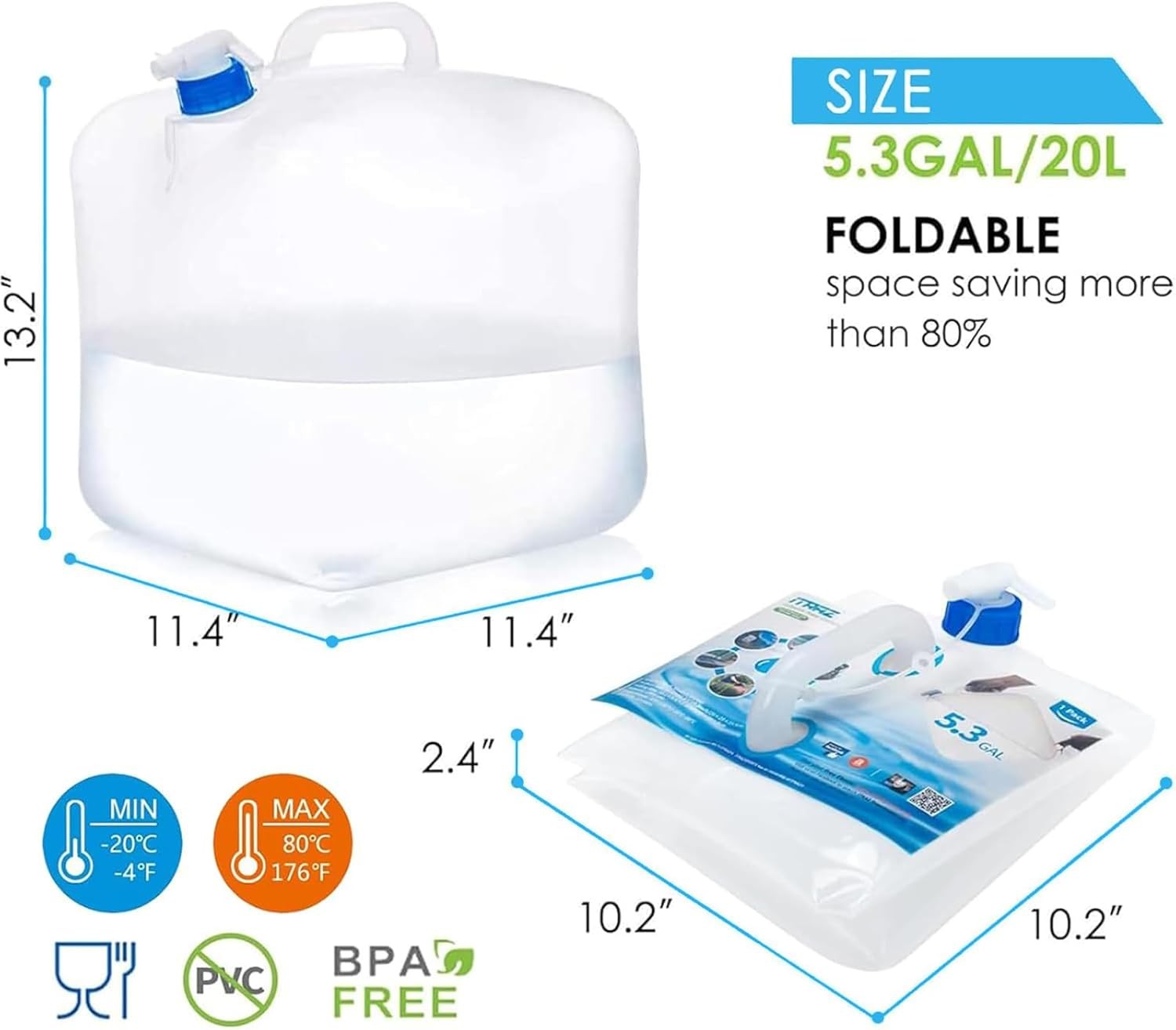 Collapsible Water Container with Spigot, 2×5.3 Gallon BPA Free Camping Water St