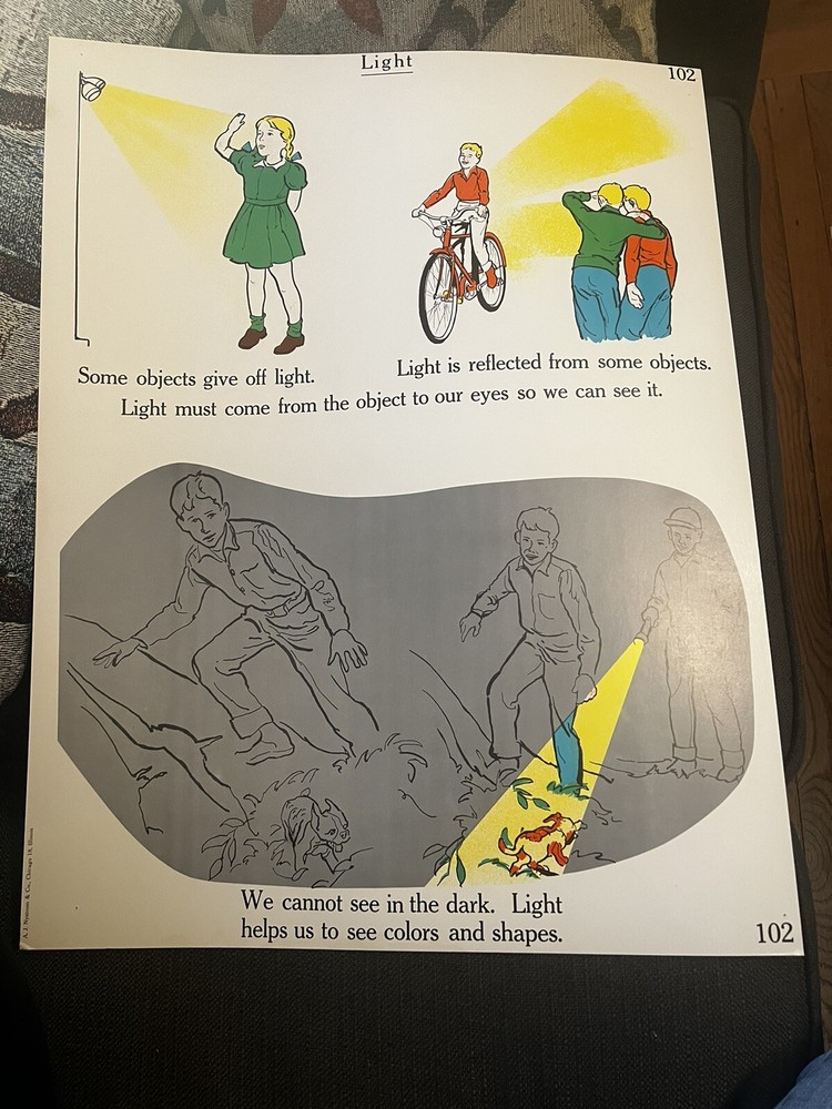 VINTAGE A.J. Nystrom Elementary science chart Fire 🔥 & Light chart 24” x18.5”
